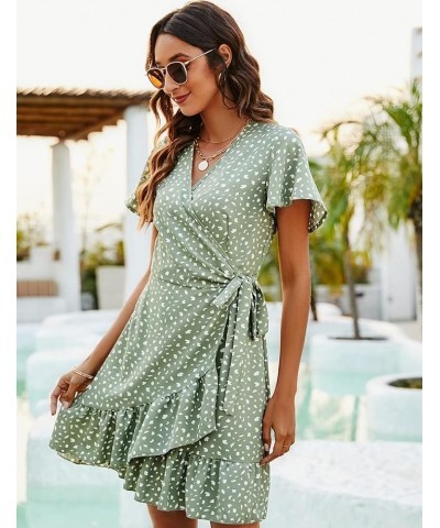 Women's Summer Wrap V Neck Polka Dot Print Ruffle Short Sleeve Mini Floral Dress with Belt 08 Sage Green Dot Beige $15.74 Dre...