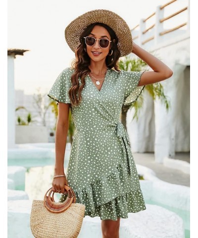 Women's Summer Wrap V Neck Polka Dot Print Ruffle Short Sleeve Mini Floral Dress with Belt 08 Sage Green Dot Beige $15.74 Dre...