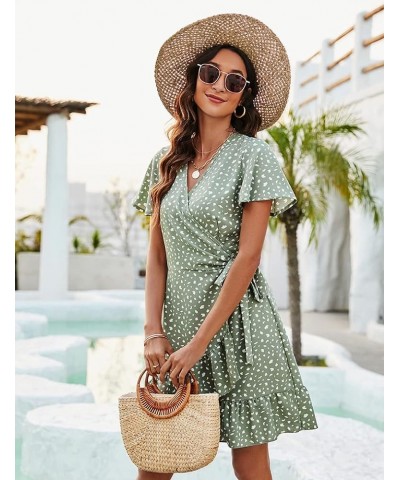 Women's Summer Wrap V Neck Polka Dot Print Ruffle Short Sleeve Mini Floral Dress with Belt 08 Sage Green Dot Beige $15.74 Dre...