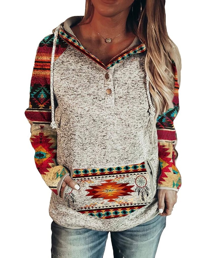 Women Western Aztec Print V Neck Sweatshirt Ethnic Aztec Print Loose Casual Hoodie for Women White $18.29 Hoodies & Sweatshirts