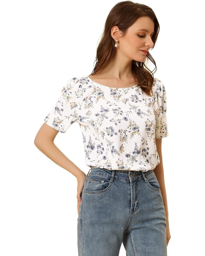 Women's 2023 Floral Blouse Round Neck Short Sleeve Summer Top White $12.37 Blouses