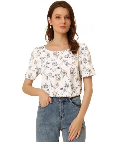 Women's 2023 Floral Blouse Round Neck Short Sleeve Summer Top White $12.37 Blouses