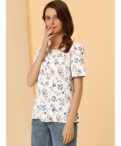 Women's 2023 Floral Blouse Round Neck Short Sleeve Summer Top White $12.37 Blouses