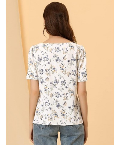 Women's 2023 Floral Blouse Round Neck Short Sleeve Summer Top White $12.37 Blouses