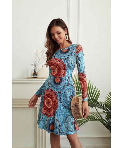 Summer Casual Women Short Sleeve Round Neck A Line Fit and Flare Knee Length Skater Sun Dress C-mix Blue $13.99 Dresses