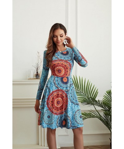 Summer Casual Women Short Sleeve Round Neck A Line Fit and Flare Knee Length Skater Sun Dress C-mix Blue $13.99 Dresses