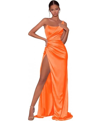 Women's One Shoulder Satin Prom Dresses Long Pleated Bridesmaid Dresses with Slit Formal Evening Gowns Orange $22.00 Dresses