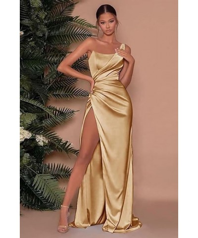 Women's One Shoulder Satin Prom Dresses Long Pleated Bridesmaid Dresses with Slit Formal Evening Gowns Orange $22.00 Dresses