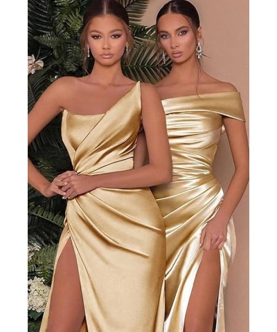 Women's One Shoulder Satin Prom Dresses Long Pleated Bridesmaid Dresses with Slit Formal Evening Gowns Orange $22.00 Dresses