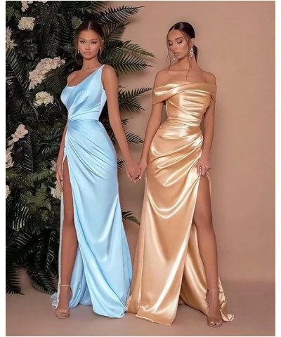 Women's One Shoulder Satin Prom Dresses Long Pleated Bridesmaid Dresses with Slit Formal Evening Gowns Orange $22.00 Dresses