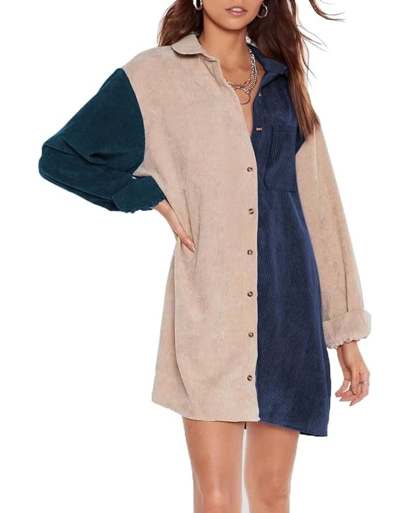 Womens Corduroy Colorblock Button Down Shirt Dress Casual Long Sleeve Oversized Tunic Blouses 1 Colorblock $25.29 Tops