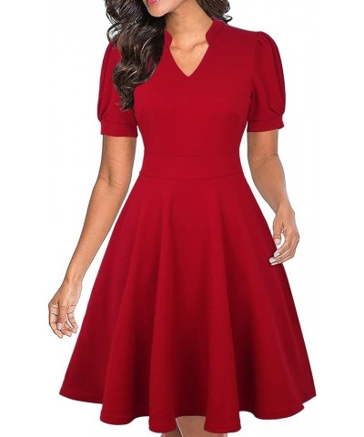 Womens Summer Short Puff Sleeve Casual Semi-Formal Fit and Flare Church Wedding Guest Work Dresses with Pockets 0 Red $17.16 ...