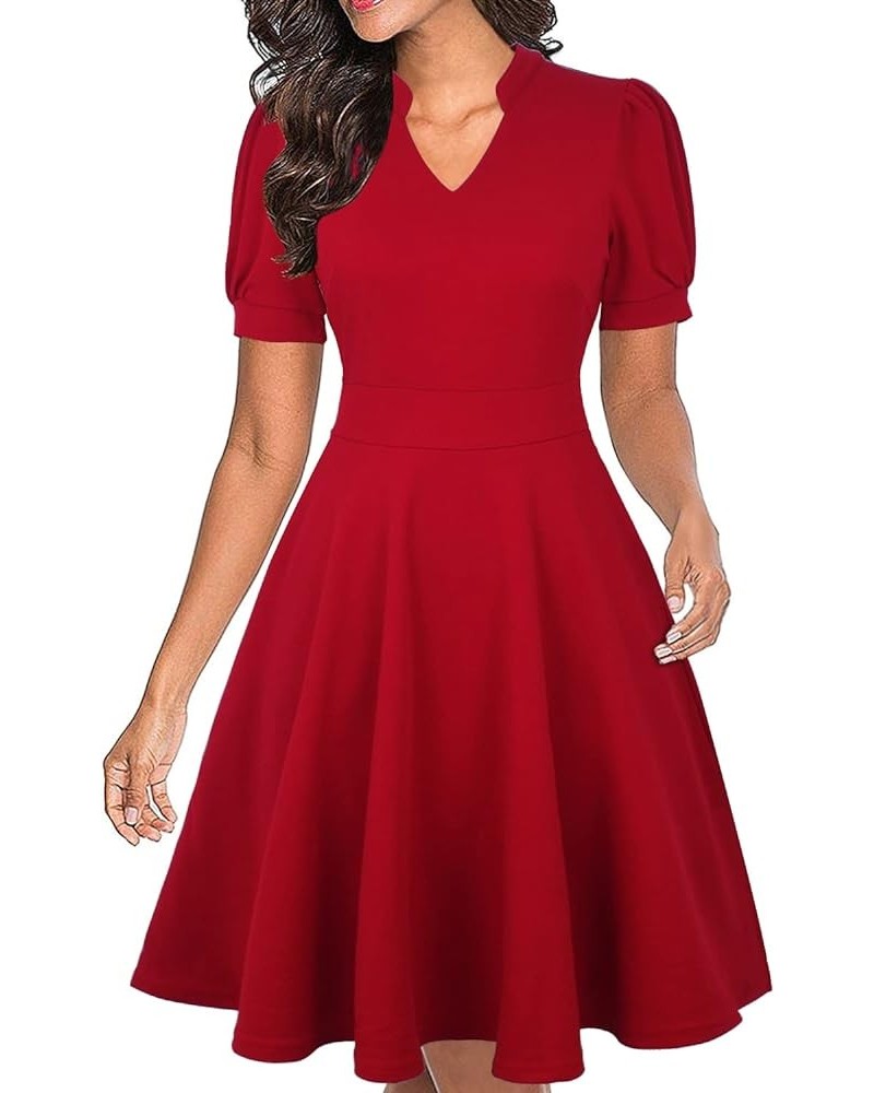 Womens Summer Short Puff Sleeve Casual Semi-Formal Fit and Flare Church Wedding Guest Work Dresses with Pockets 0 Red $17.16 ...