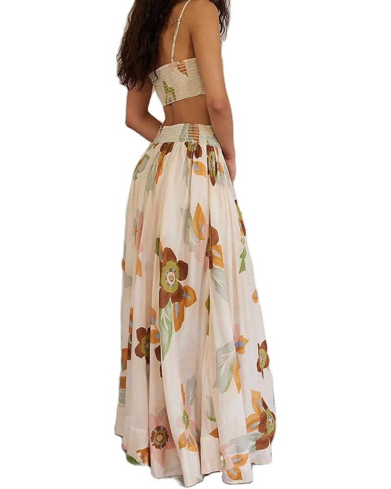 Women 2 Piece Skirt Set Boho Flower Print Spaghetti Strap Cropped Cami Tops and Flowy Pleated Long Skirt Streetwear Beige $16...