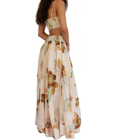 Women 2 Piece Skirt Set Boho Flower Print Spaghetti Strap Cropped Cami Tops and Flowy Pleated Long Skirt Streetwear Beige $16...