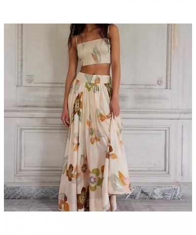 Women 2 Piece Skirt Set Boho Flower Print Spaghetti Strap Cropped Cami Tops and Flowy Pleated Long Skirt Streetwear Beige $16...