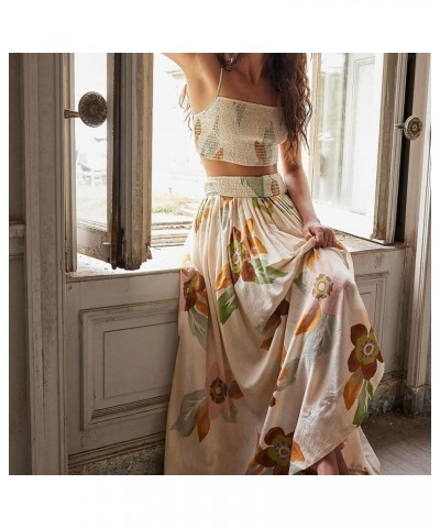 Women 2 Piece Skirt Set Boho Flower Print Spaghetti Strap Cropped Cami Tops and Flowy Pleated Long Skirt Streetwear Beige $16...