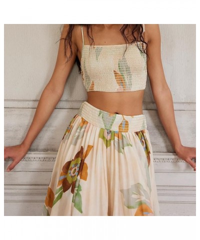 Women 2 Piece Skirt Set Boho Flower Print Spaghetti Strap Cropped Cami Tops and Flowy Pleated Long Skirt Streetwear Beige $16...