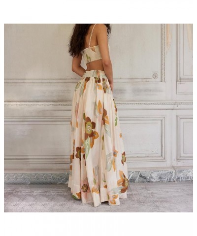 Women 2 Piece Skirt Set Boho Flower Print Spaghetti Strap Cropped Cami Tops and Flowy Pleated Long Skirt Streetwear Beige $16...