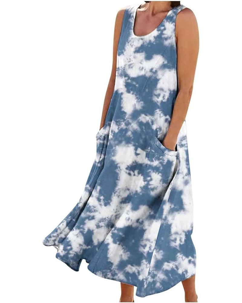 Summer Dresses for Women 2024 Casual Boho Sundress Crew Neck Sleeveless Beach Maxi Dresses with Pockets 5-blue Dress $8.41 Ac...