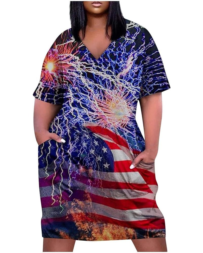 4Th of July Dress Women 2023 Plus Size American Flag Printed V-Neck Short Sleeve T Shirt Dress with Pockets Patriotic Outfits...