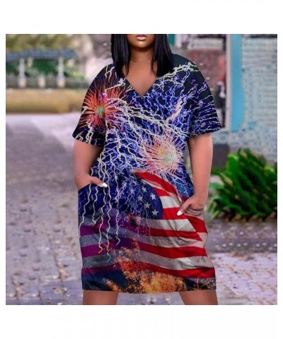 4Th of July Dress Women 2023 Plus Size American Flag Printed V-Neck Short Sleeve T Shirt Dress with Pockets Patriotic Outfits...