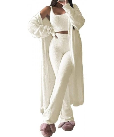 Fleece 3 Piece Fuzzy Lounge Set Cardigan Women Crop Pants Sets Sexy Pajama Set Soft Comfy Loungewear Set Shorts Long Pants Wh...