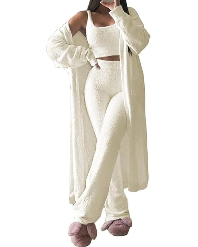 Fleece 3 Piece Fuzzy Lounge Set Cardigan Women Crop Pants Sets Sexy Pajama Set Soft Comfy Loungewear Set Shorts Long Pants Wh...