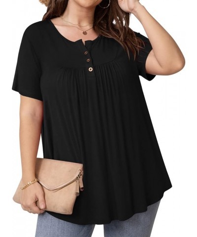 Women's Plus Size Tunic Tops Button Henley Casual T Shirts V Neck Short Sleeve Pleated Blouses Short Sleeve Black $14.15 Tops