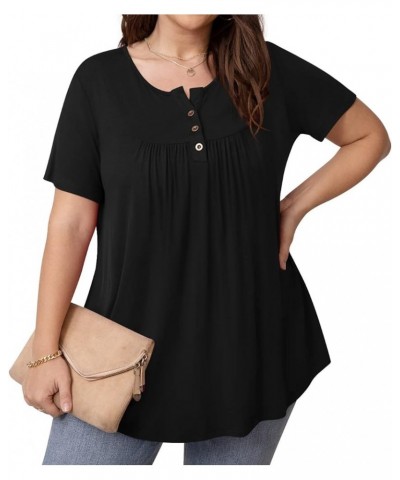 Women's Plus Size Tunic Tops Button Henley Casual T Shirts V Neck Short Sleeve Pleated Blouses Short Sleeve Black $14.15 Tops