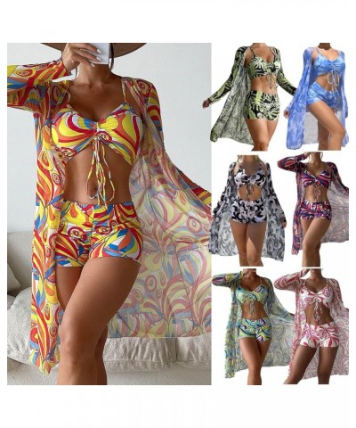 Womens 3 Piece Swimsuit Drawstring Bikini Set Bathing Suits Long Sleeve Beach Cover Up Boho Boy Shorts Swimwear Set 05 Sky Bl...