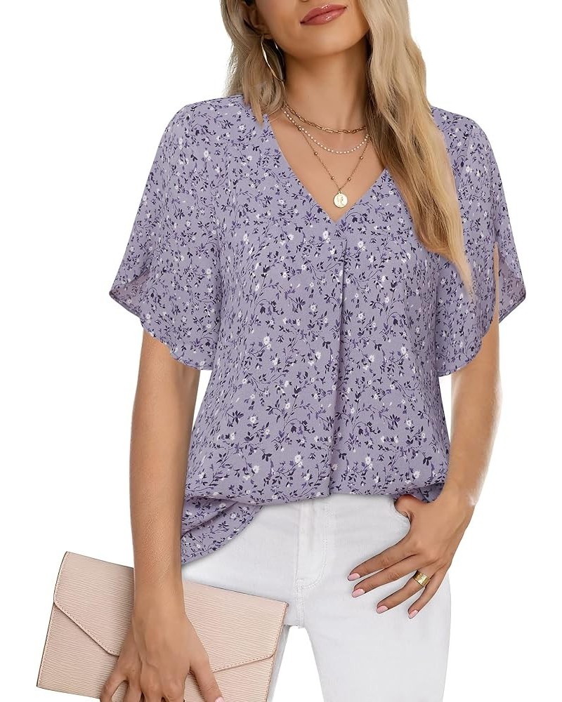 Womens Ruffle Short Sleeve Casual Loose V Neck Chiffon Blouses Flowy Dressy Tops Multi Purple $16.66 Blouses