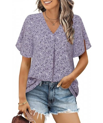 Womens Ruffle Short Sleeve Casual Loose V Neck Chiffon Blouses Flowy Dressy Tops Multi Purple $16.66 Blouses