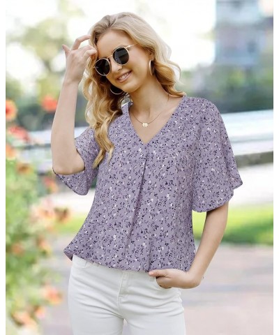 Womens Ruffle Short Sleeve Casual Loose V Neck Chiffon Blouses Flowy Dressy Tops Multi Purple $16.66 Blouses