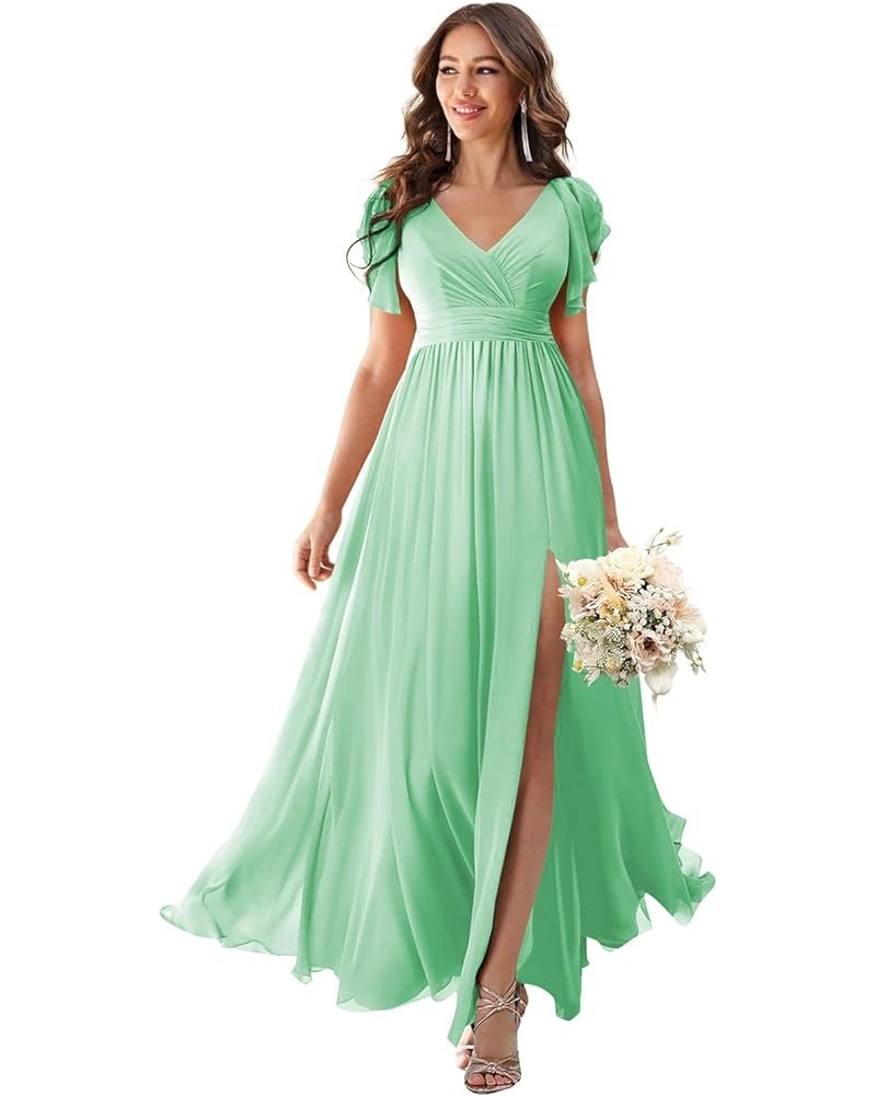 V Neck Flutter Sleeves Bridesmaid Dresses with Slit 2024 Chiffon Aline Pleats Formal Evening Gowns for Women YJ071 Mint $30.6...