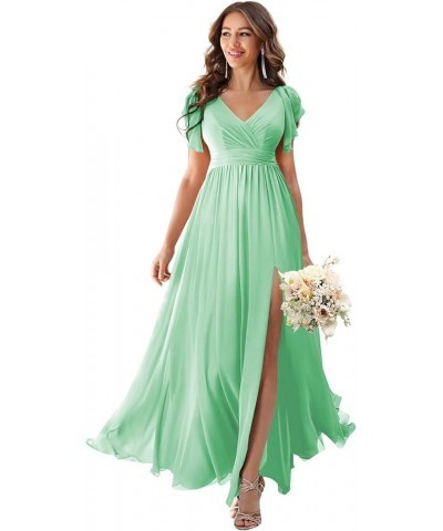 V Neck Flutter Sleeves Bridesmaid Dresses with Slit 2024 Chiffon Aline Pleats Formal Evening Gowns for Women YJ071 Mint $30.6...