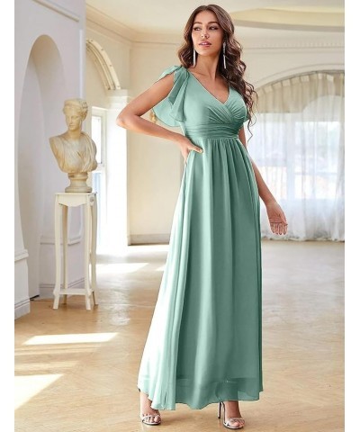 V Neck Flutter Sleeves Bridesmaid Dresses with Slit 2024 Chiffon Aline Pleats Formal Evening Gowns for Women YJ071 Mint $30.6...