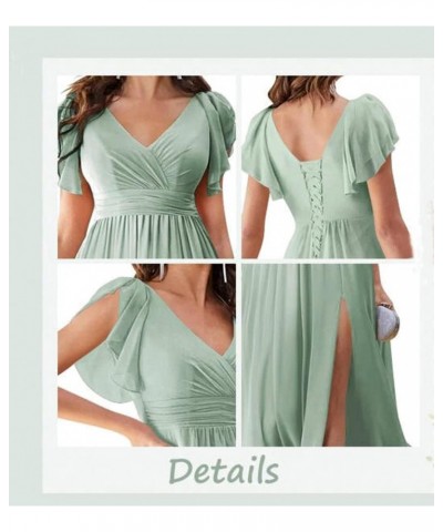 V Neck Flutter Sleeves Bridesmaid Dresses with Slit 2024 Chiffon Aline Pleats Formal Evening Gowns for Women YJ071 Mint $30.6...