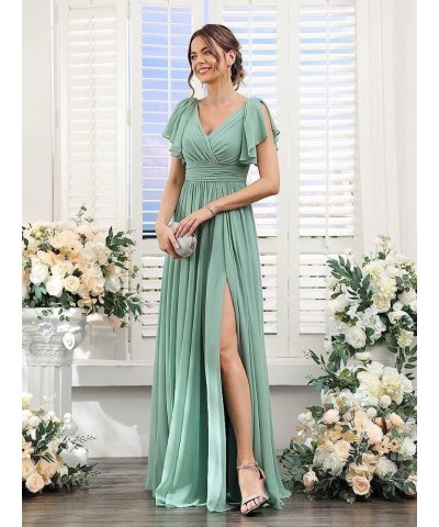 V Neck Flutter Sleeves Bridesmaid Dresses with Slit 2024 Chiffon Aline Pleats Formal Evening Gowns for Women YJ071 Mint $30.6...