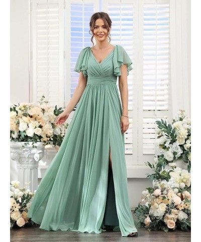 V Neck Flutter Sleeves Bridesmaid Dresses with Slit 2024 Chiffon Aline Pleats Formal Evening Gowns for Women YJ071 Mint $30.6...