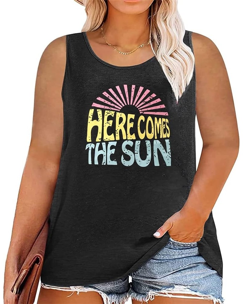 Women Plus Size Sunshine Shirt Sun Salt Sand Letter Print Tank Tops Summer Vibes Beach Tops Casual Vacation Sleeveless Tee Da...