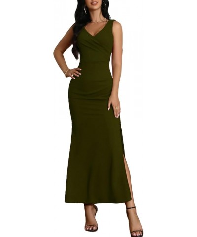 Women's V Neck Split Sleeveless Formal Dress Ruched Bodycon Elegant Wedding Cocktail Evening Party Long Dresses Armygreen $18...