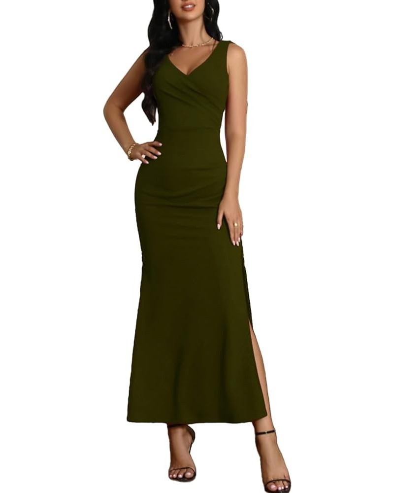 Women's V Neck Split Sleeveless Formal Dress Ruched Bodycon Elegant Wedding Cocktail Evening Party Long Dresses Armygreen $18...