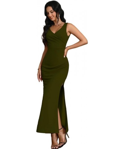 Women's V Neck Split Sleeveless Formal Dress Ruched Bodycon Elegant Wedding Cocktail Evening Party Long Dresses Armygreen $18...