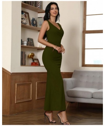 Women's V Neck Split Sleeveless Formal Dress Ruched Bodycon Elegant Wedding Cocktail Evening Party Long Dresses Armygreen $18...