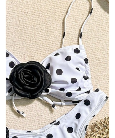 Women's 2 Piece 3D Rose Bikini Swimsuit Spaghetti Strap High Waisted Bathing Suit Beachwear Black and White $17.10 Swimsuits