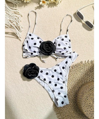 Women's 2 Piece 3D Rose Bikini Swimsuit Spaghetti Strap High Waisted Bathing Suit Beachwear Black and White $17.10 Swimsuits