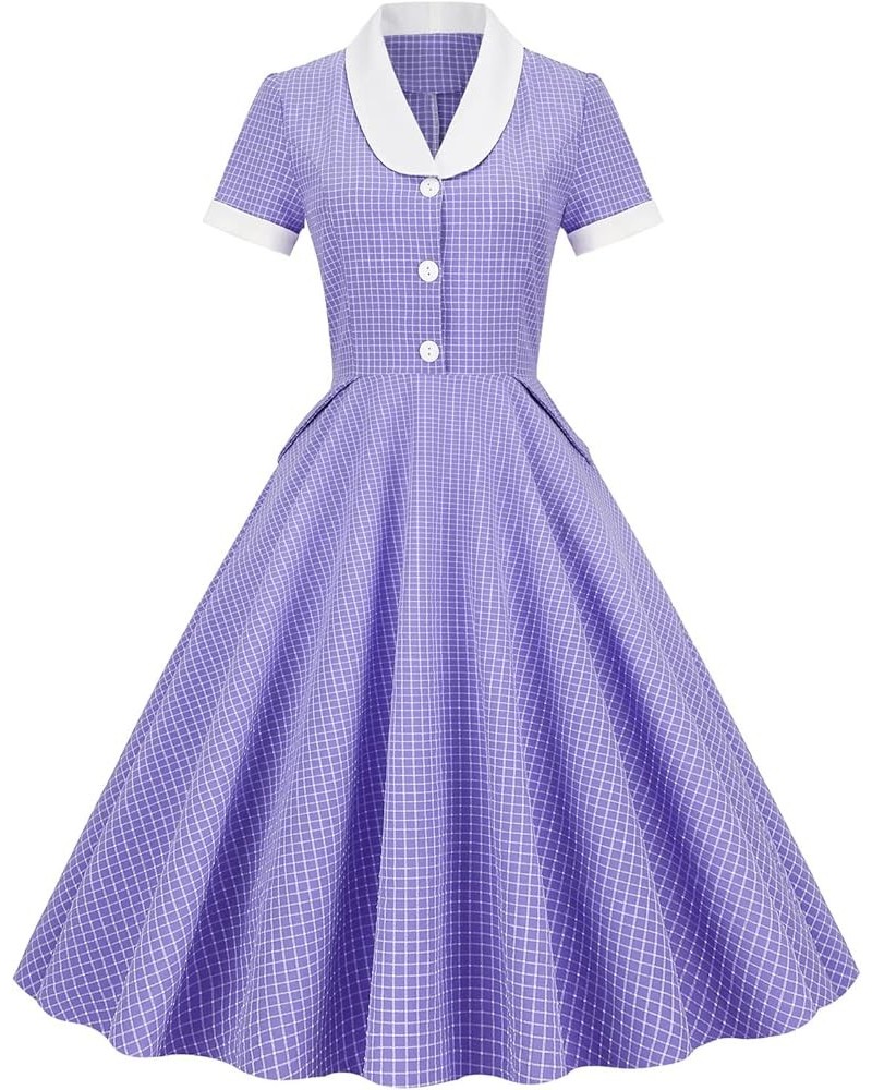 Women's Button-up Belt Swing Flare 1950s Vintage Shirt Blazer Dress Purple Check $15.33 Dresses