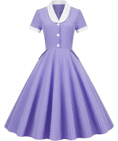 Women's Button-up Belt Swing Flare 1950s Vintage Shirt Blazer Dress Purple Check $15.33 Dresses