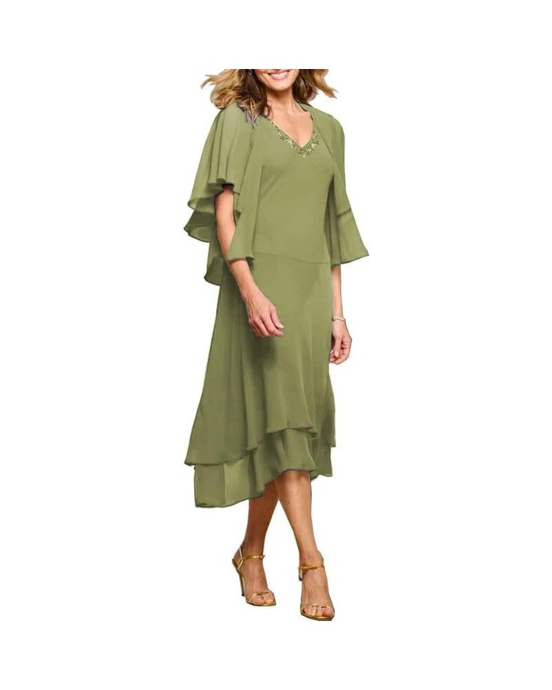 Mother of The Bride Dresses with Jacket 2 Piece Ruffles Mother of The Bride Dress Tea Length Beaded V Neck Chiffon Olive $42....